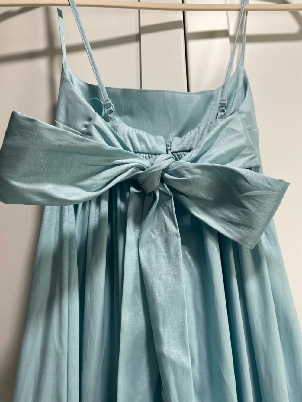 A&F Drama Bow-Back Taffeta Maxi Dress Light Blue Summer Wedding Modern Romantic